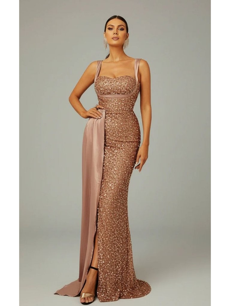 Missord Ribbon Corset Sequin Maxi Dress Women's Plus Size 4xl In Champagne Nwt!